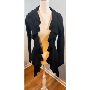 Magaschoni 100% Cashmere Ruffle Neck Open Front Cardigan M Black Luxe
